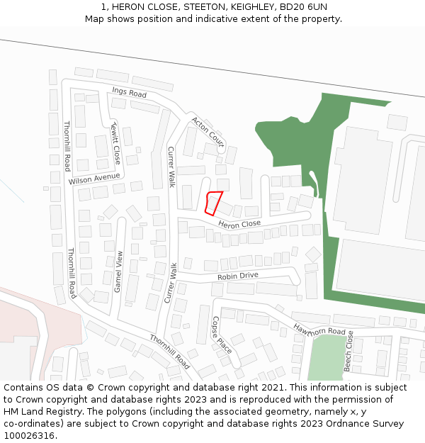 1, HERON CLOSE, STEETON, KEIGHLEY, BD20 6UN: Location map and indicative extent of plot