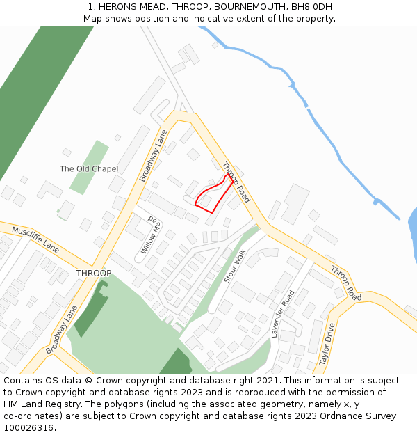1, HERONS MEAD, THROOP, BOURNEMOUTH, BH8 0DH: Location map and indicative extent of plot