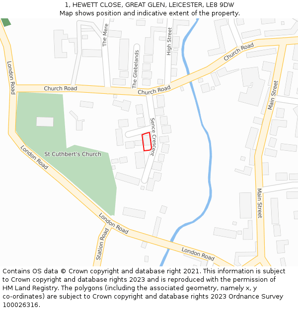 1, HEWETT CLOSE, GREAT GLEN, LEICESTER, LE8 9DW: Location map and indicative extent of plot