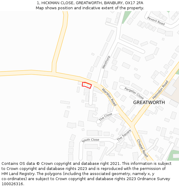 1, HICKMAN CLOSE, GREATWORTH, BANBURY, OX17 2FA: Location map and indicative extent of plot