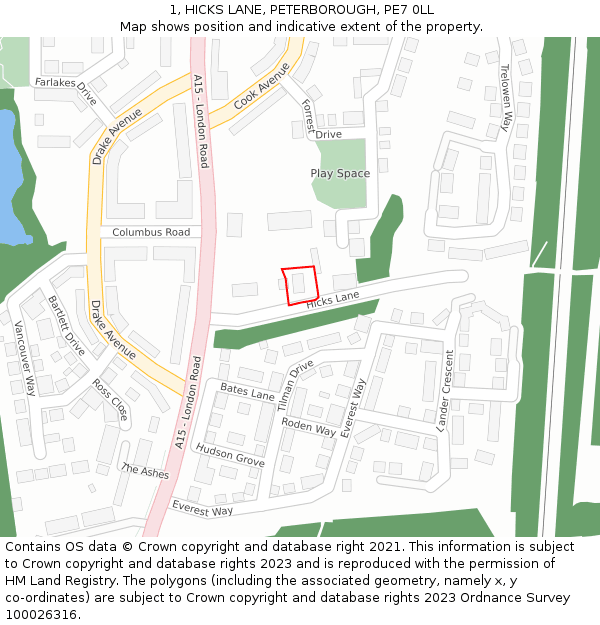 1, HICKS LANE, PETERBOROUGH, PE7 0LL: Location map and indicative extent of plot