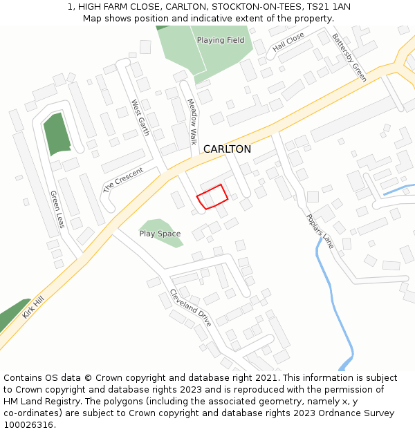 1, HIGH FARM CLOSE, CARLTON, STOCKTON-ON-TEES, TS21 1AN: Location map and indicative extent of plot
