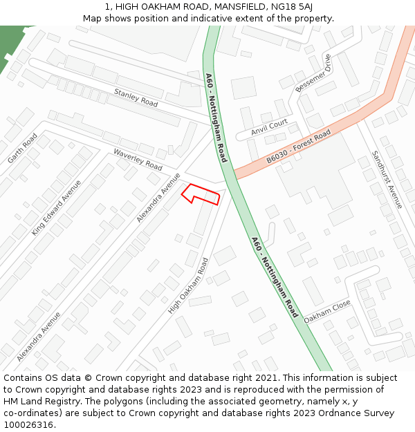 1, HIGH OAKHAM ROAD, MANSFIELD, NG18 5AJ: Location map and indicative extent of plot