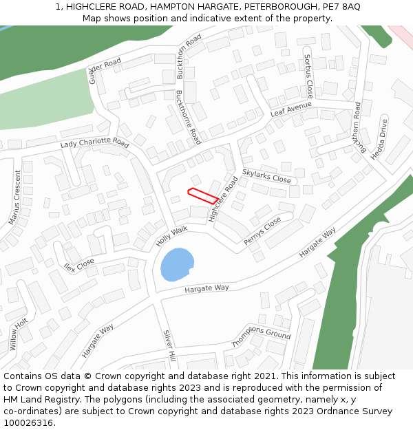 1, HIGHCLERE ROAD, HAMPTON HARGATE, PETERBOROUGH, PE7 8AQ: Location map and indicative extent of plot