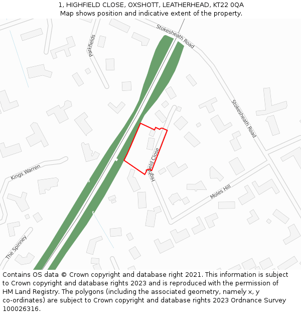 1, HIGHFIELD CLOSE, OXSHOTT, LEATHERHEAD, KT22 0QA: Location map and indicative extent of plot