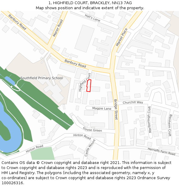 1, HIGHFIELD COURT, BRACKLEY, NN13 7AG: Location map and indicative extent of plot