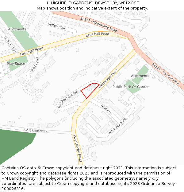 1, HIGHFIELD GARDENS, DEWSBURY, WF12 0SE: Location map and indicative extent of plot