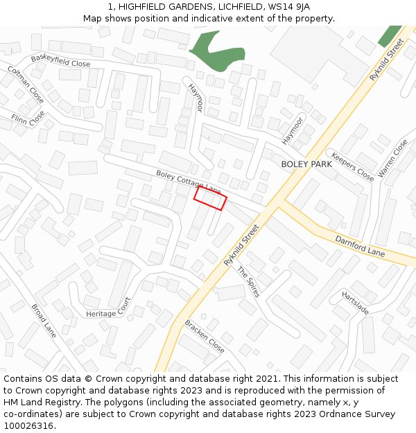 1, HIGHFIELD GARDENS, LICHFIELD, WS14 9JA: Location map and indicative extent of plot
