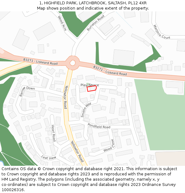 1, HIGHFIELD PARK, LATCHBROOK, SALTASH, PL12 4XR: Location map and indicative extent of plot
