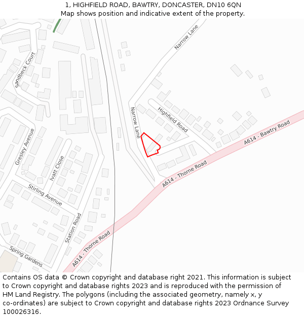 1, HIGHFIELD ROAD, BAWTRY, DONCASTER, DN10 6QN: Location map and indicative extent of plot