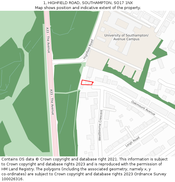 1, HIGHFIELD ROAD, SOUTHAMPTON, SO17 1NX: Location map and indicative extent of plot