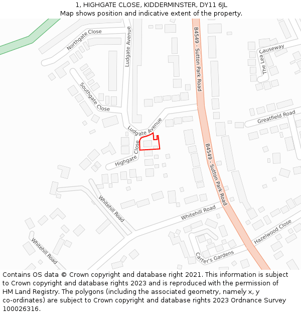 1, HIGHGATE CLOSE, KIDDERMINSTER, DY11 6JL: Location map and indicative extent of plot
