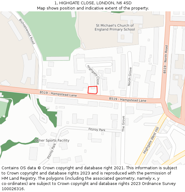 1, HIGHGATE CLOSE, LONDON, N6 4SD: Location map and indicative extent of plot
