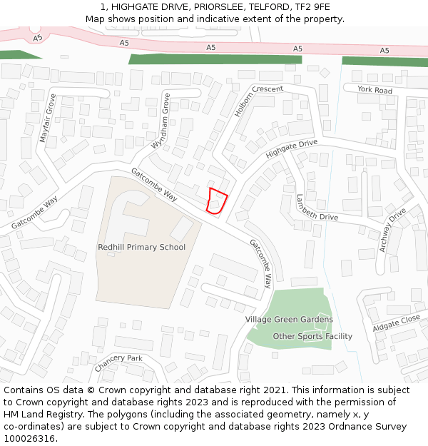 1, HIGHGATE DRIVE, PRIORSLEE, TELFORD, TF2 9FE: Location map and indicative extent of plot
