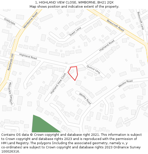 1, HIGHLAND VIEW CLOSE, WIMBORNE, BH21 2QX: Location map and indicative extent of plot