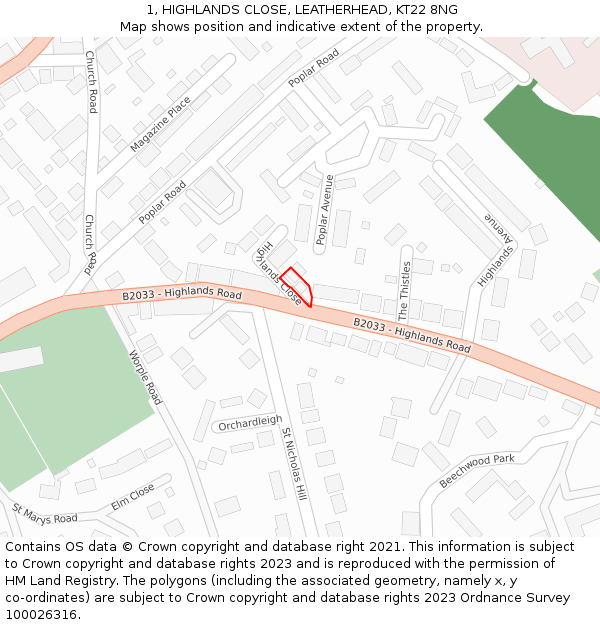 1, HIGHLANDS CLOSE, LEATHERHEAD, KT22 8NG: Location map and indicative extent of plot