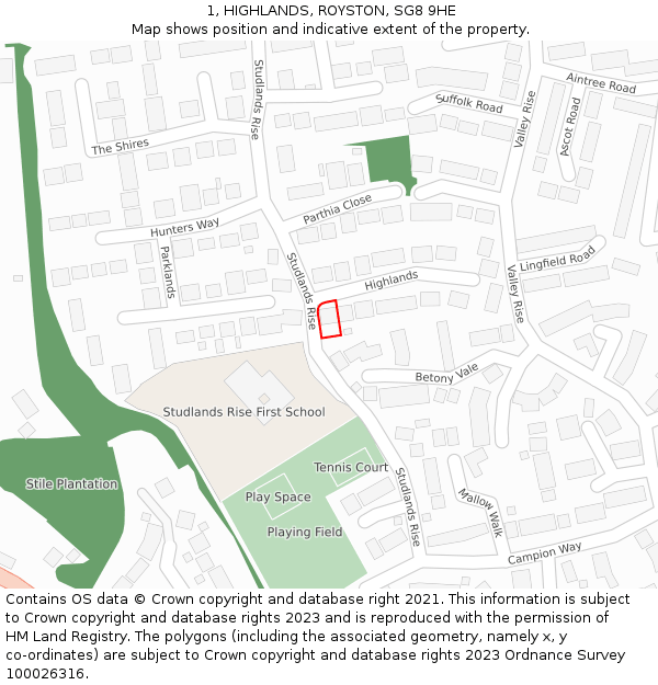 1, HIGHLANDS, ROYSTON, SG8 9HE: Location map and indicative extent of plot