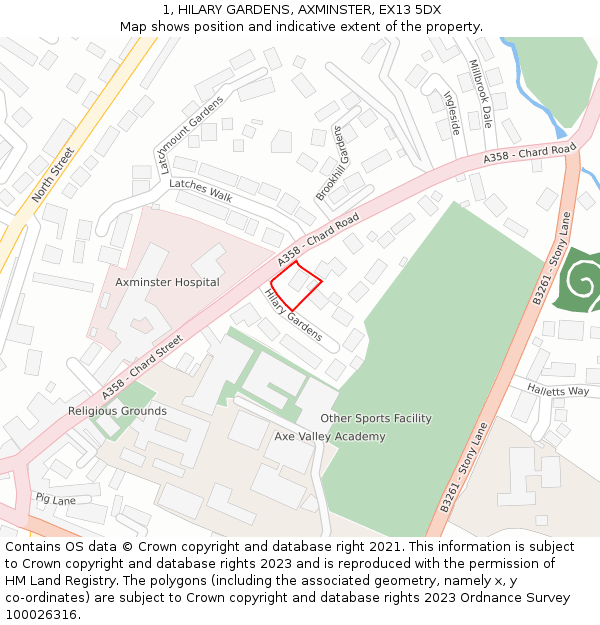 1, HILARY GARDENS, AXMINSTER, EX13 5DX: Location map and indicative extent of plot