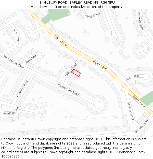 1, HILBURY ROAD, EARLEY, READING, RG6 5PU: Location map and indicative extent of plot
