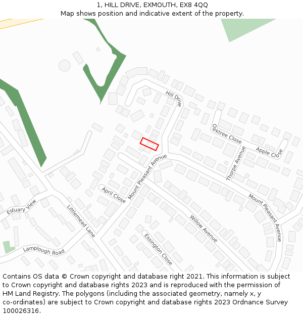 1, HILL DRIVE, EXMOUTH, EX8 4QQ: Location map and indicative extent of plot