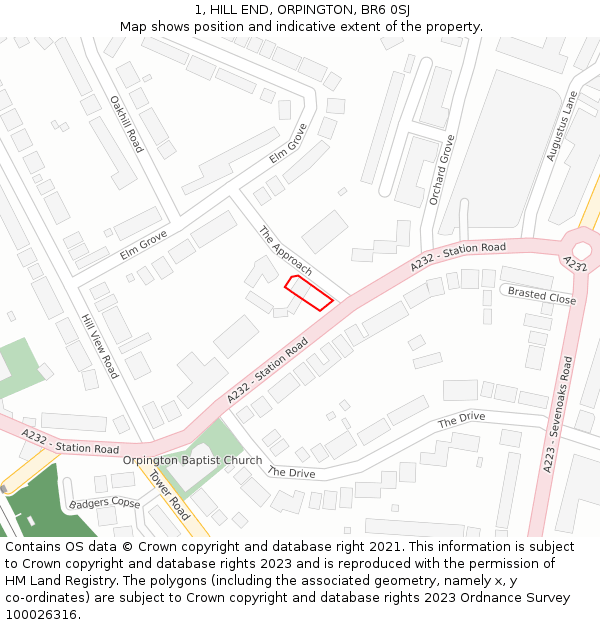 1, HILL END, ORPINGTON, BR6 0SJ: Location map and indicative extent of plot