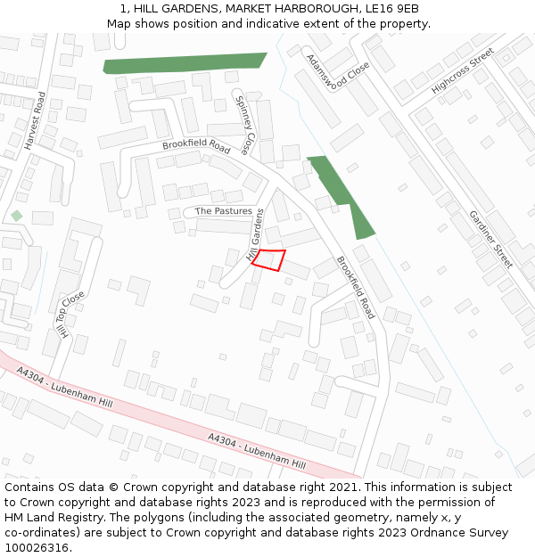 1, HILL GARDENS, MARKET HARBOROUGH, LE16 9EB: Location map and indicative extent of plot