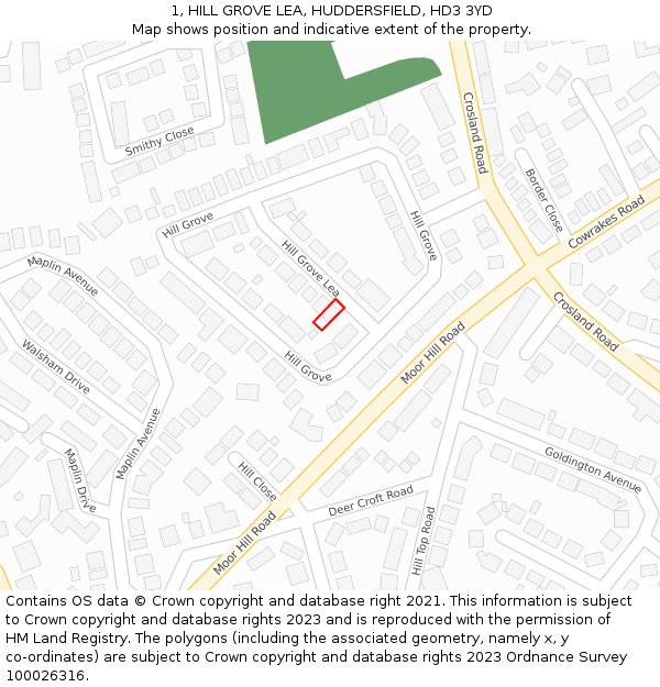 1, HILL GROVE LEA, HUDDERSFIELD, HD3 3YD: Location map and indicative extent of plot