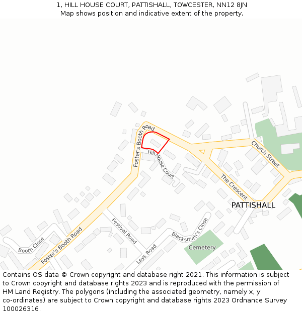 1, HILL HOUSE COURT, PATTISHALL, TOWCESTER, NN12 8JN: Location map and indicative extent of plot