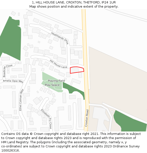 1, HILL HOUSE LANE, CROXTON, THETFORD, IP24 1UR: Location map and indicative extent of plot