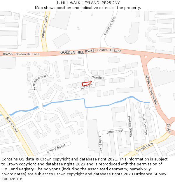 1, HILL WALK, LEYLAND, PR25 2NY: Location map and indicative extent of plot