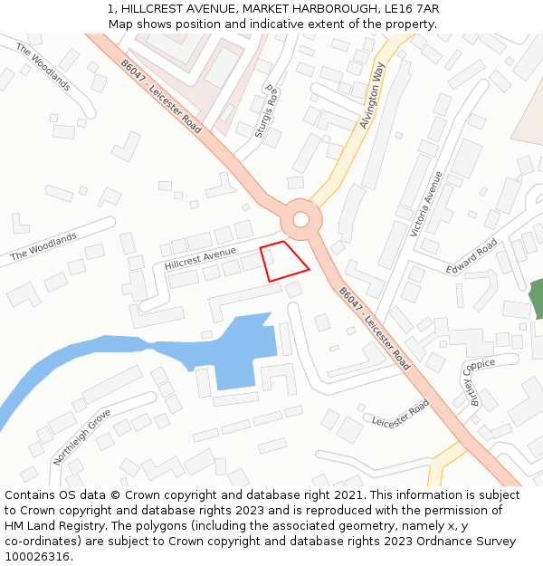 1, HILLCREST AVENUE, MARKET HARBOROUGH, LE16 7AR: Location map and indicative extent of plot