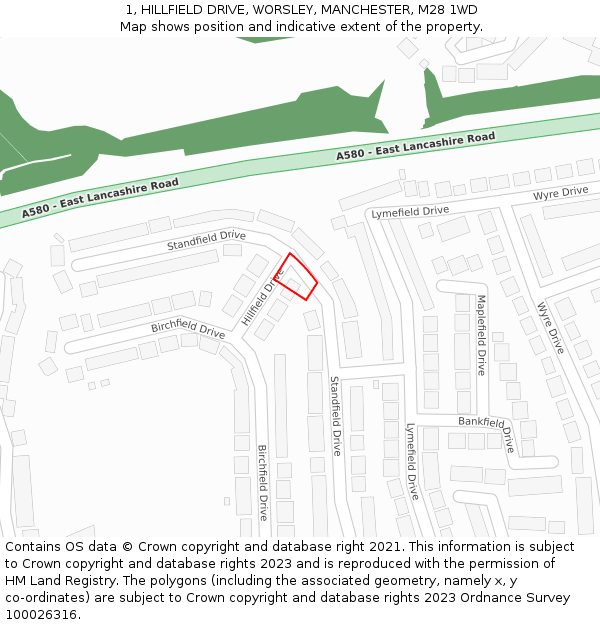 1, HILLFIELD DRIVE, WORSLEY, MANCHESTER, M28 1WD: Location map and indicative extent of plot