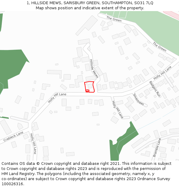 1, HILLSIDE MEWS, SARISBURY GREEN, SOUTHAMPTON, SO31 7LQ: Location map and indicative extent of plot