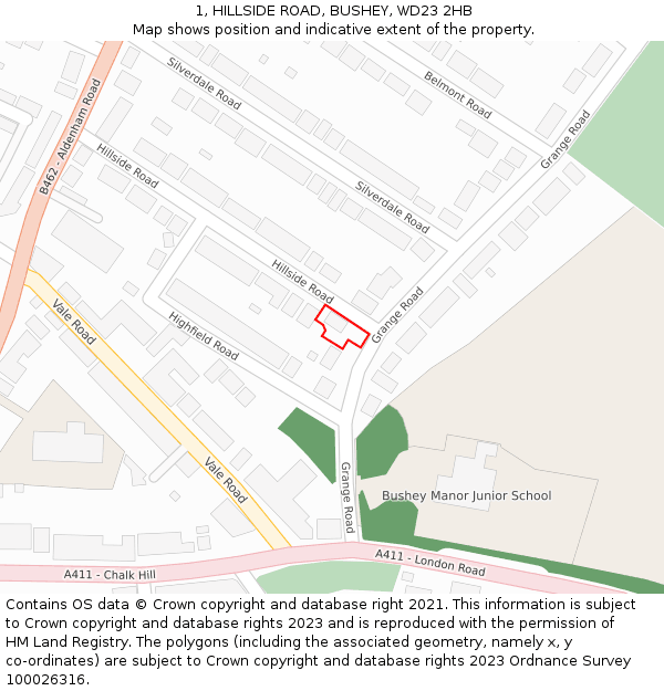 1, HILLSIDE ROAD, BUSHEY, WD23 2HB: Location map and indicative extent of plot