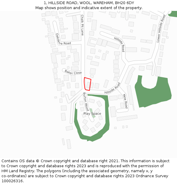 1, HILLSIDE ROAD, WOOL, WAREHAM, BH20 6DY: Location map and indicative extent of plot