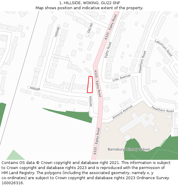 1, HILLSIDE, WOKING, GU22 0NF: Location map and indicative extent of plot