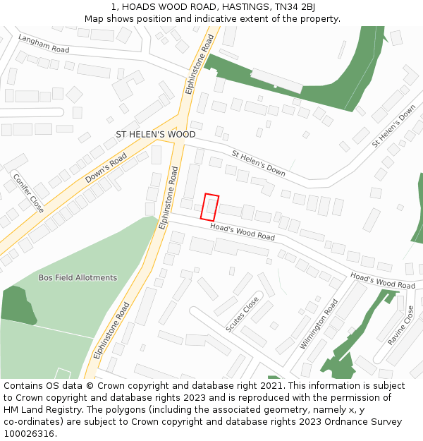1, HOADS WOOD ROAD, HASTINGS, TN34 2BJ: Location map and indicative extent of plot