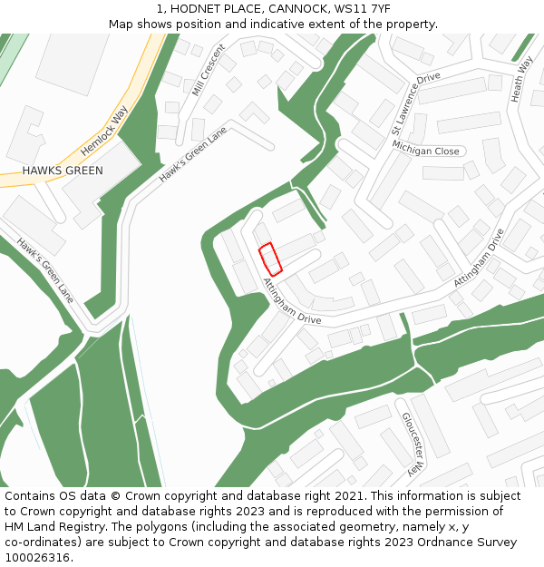 1, HODNET PLACE, CANNOCK, WS11 7YF: Location map and indicative extent of plot