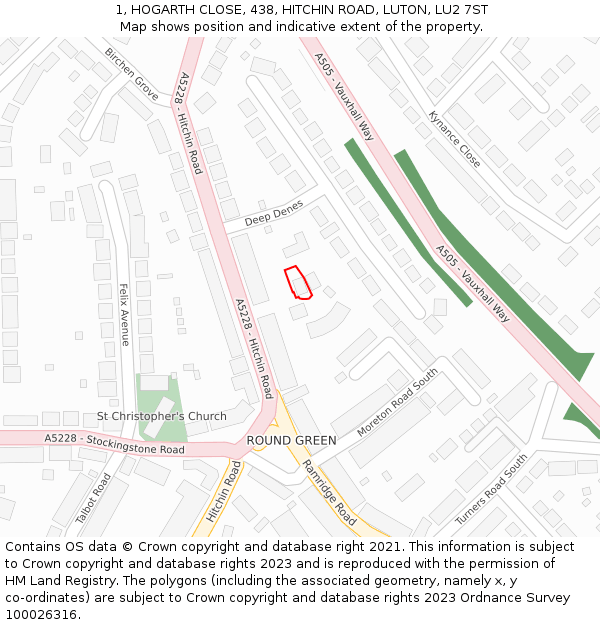 1, HOGARTH CLOSE, 438, HITCHIN ROAD, LUTON, LU2 7ST: Location map and indicative extent of plot