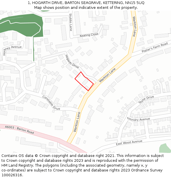 1, HOGARTH DRIVE, BARTON SEAGRAVE, KETTERING, NN15 5UQ: Location map and indicative extent of plot