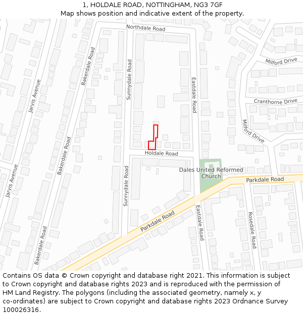 1, HOLDALE ROAD, NOTTINGHAM, NG3 7GF: Location map and indicative extent of plot