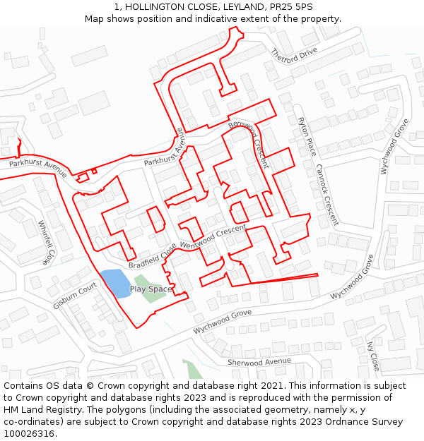 1, HOLLINGTON CLOSE, LEYLAND, PR25 5PS: Location map and indicative extent of plot