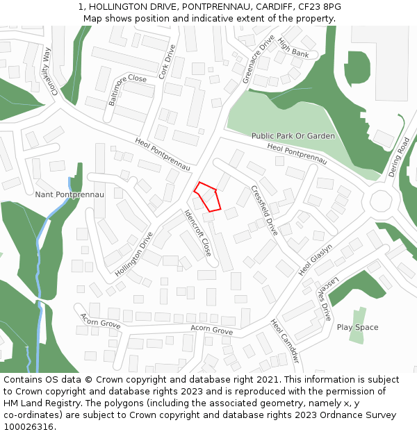 1, HOLLINGTON DRIVE, PONTPRENNAU, CARDIFF, CF23 8PG: Location map and indicative extent of plot