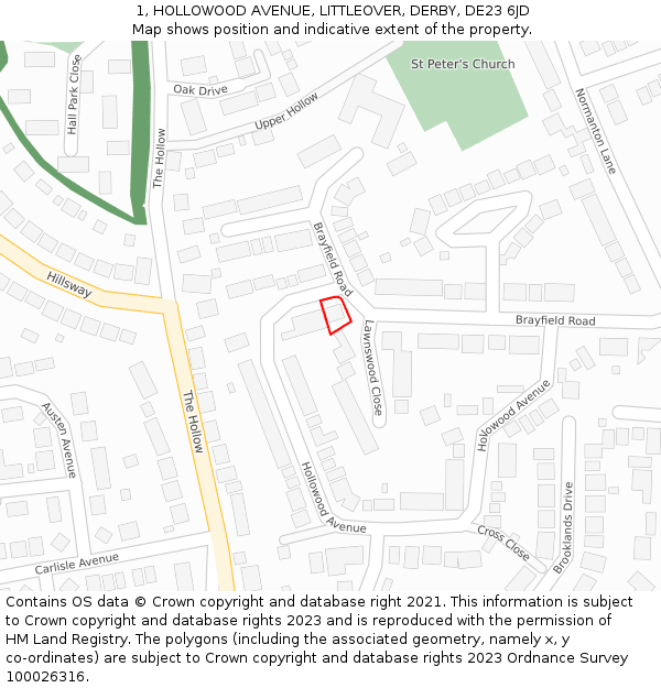 1, HOLLOWOOD AVENUE, LITTLEOVER, DERBY, DE23 6JD: Location map and indicative extent of plot