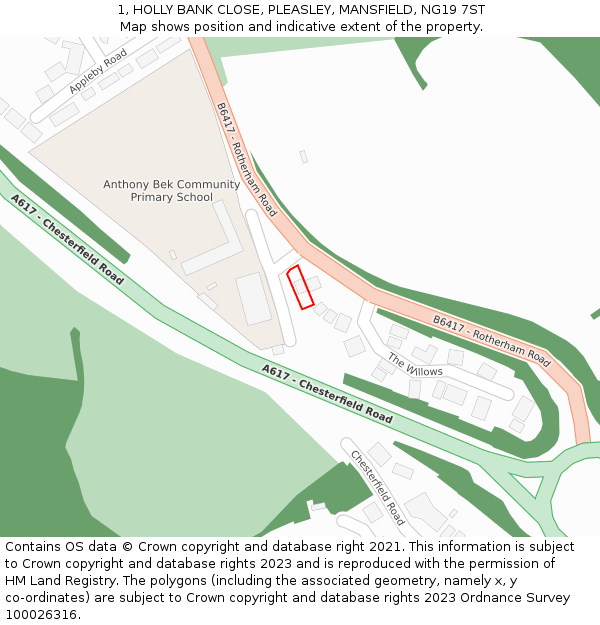 1, HOLLY BANK CLOSE, PLEASLEY, MANSFIELD, NG19 7ST: Location map and indicative extent of plot
