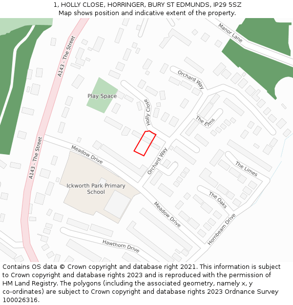 1, HOLLY CLOSE, HORRINGER, BURY ST EDMUNDS, IP29 5SZ: Location map and indicative extent of plot