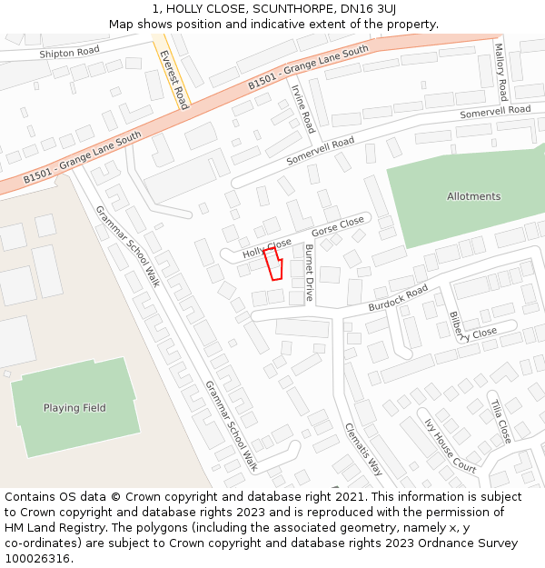 1, HOLLY CLOSE, SCUNTHORPE, DN16 3UJ: Location map and indicative extent of plot