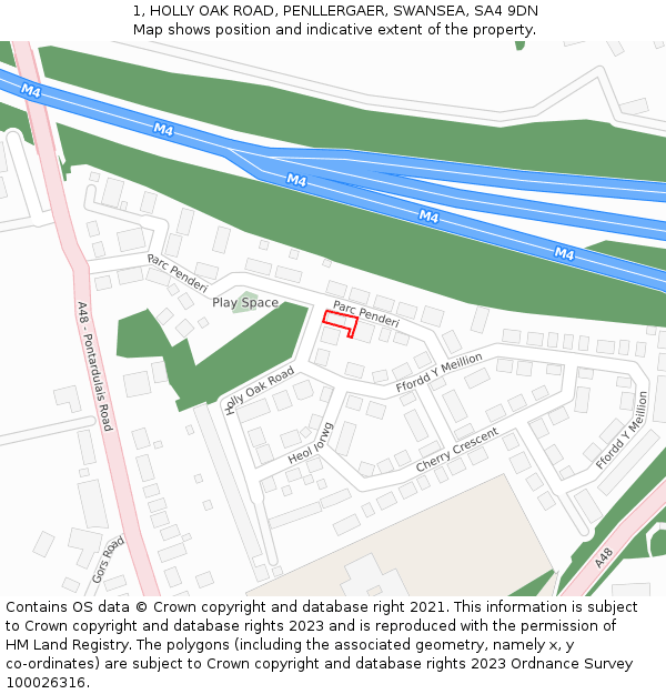 1, HOLLY OAK ROAD, PENLLERGAER, SWANSEA, SA4 9DN: Location map and indicative extent of plot