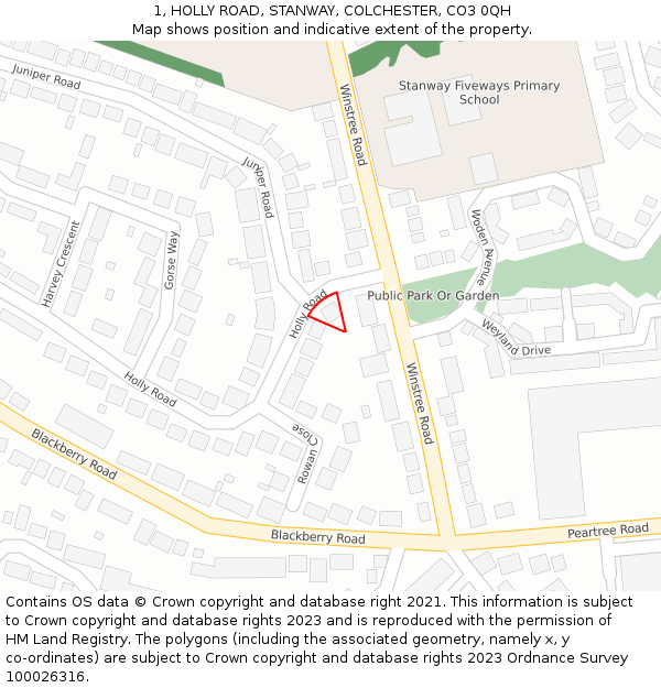 1, HOLLY ROAD, STANWAY, COLCHESTER, CO3 0QH: Location map and indicative extent of plot