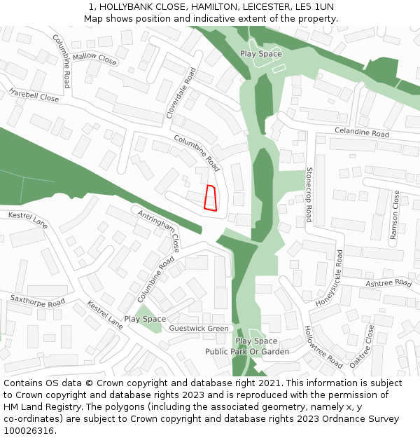 1, HOLLYBANK CLOSE, HAMILTON, LEICESTER, LE5 1UN: Location map and indicative extent of plot